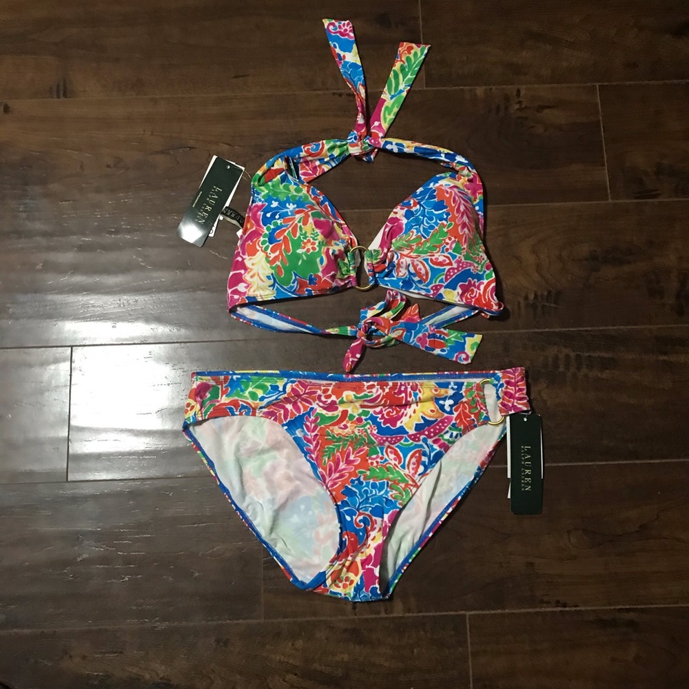Lauren Bright Color Floral Bikini with Brass New